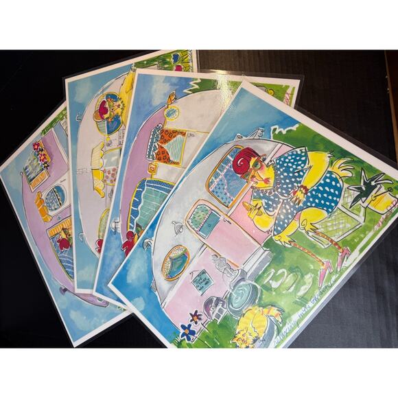 Conrad Bell Chicks at the Trailer Park Placemats Set of 4 Vtg Hen Tiny Home Life - Picture 2 of 10